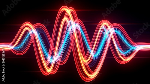 Neon glowing three phase electric power sine wave light lines with red blue yellow energy waveform motion dynamic electricity signal overlay isolated on transparent background 