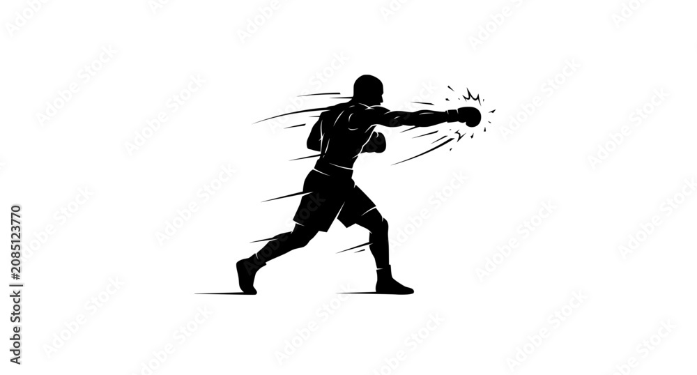 Fototapeta premium A boxer throws a powerful punch in a dark silhouette against a white background.