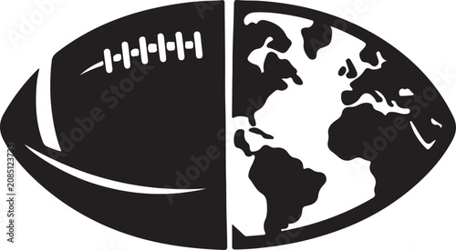 Rugby Football, Global Sports, World Map, Black and White Vector Icon