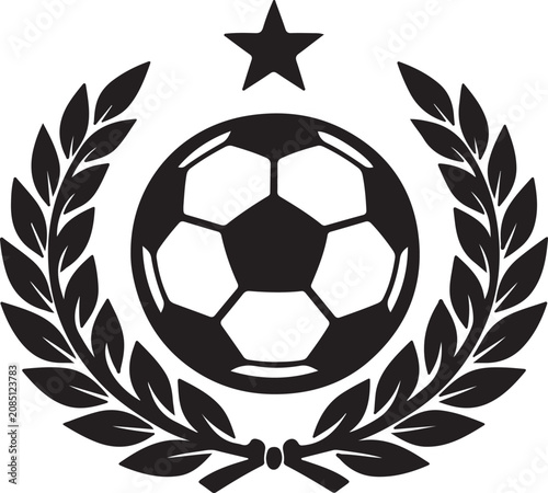 Soccer ball laurel wreath icon, football logo, sports emblem, black vector graphic