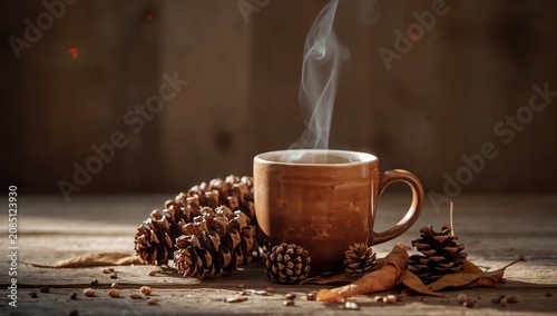 Warm Brown Ceramic Coffee Mug Steam Rising Rustic Autumn Scene