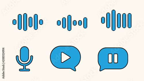 Audio message icons set with sound waves and voice recording microphone symbols in flat vector style.