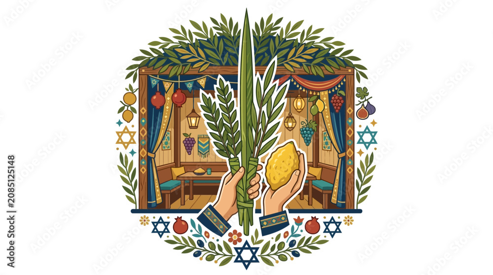 Fototapeta premium Hands holding traditional Jewish Sukkot lulav and etrog.
