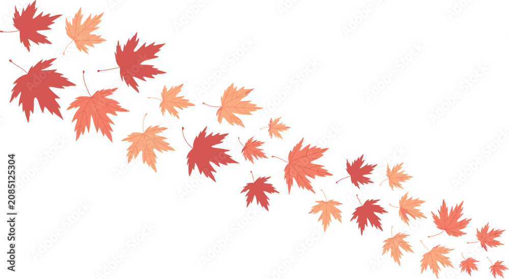 Fototapeta premium Autumn maple leaves vector background featuring a blowing wave of colorful red orange yellow foliage