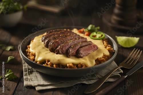 Grilled steak served over savory rice with melted cheese sauce, culinary