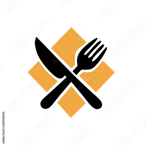 minimalist flat icon of a black crossed knife and fork placed over four orange diamond-shaped squares.