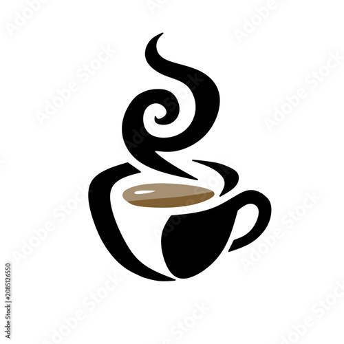 A simple minimalist icon of a black coffee cup filled with coffee, featuring elegant swirling steam rising above it. 