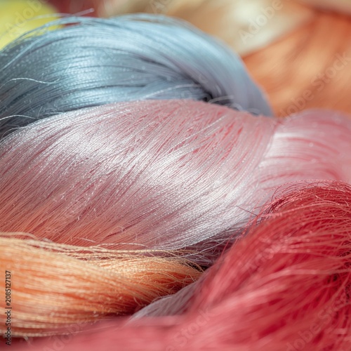A close-up macro shot of colorful threads and yarns, showcasing intricate textures and soft hues.
