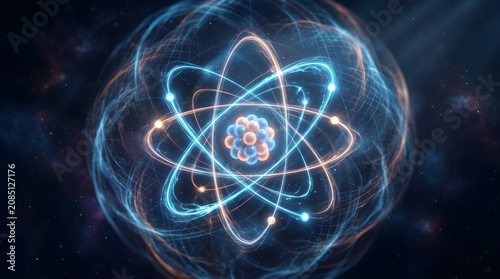 Abstract illustration of a glowing atomic structure with orbiting electrons in space, chemistry