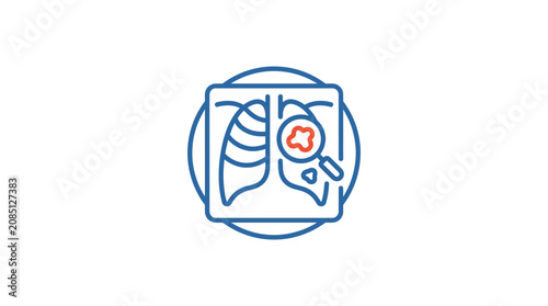 Lung X-ray diagnostic icon with magnifying glass focal point.