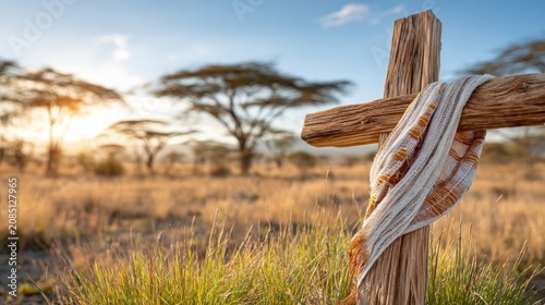 Handcarved Wooden Cross in Nature with Rustic Cloth and Sunset Glow