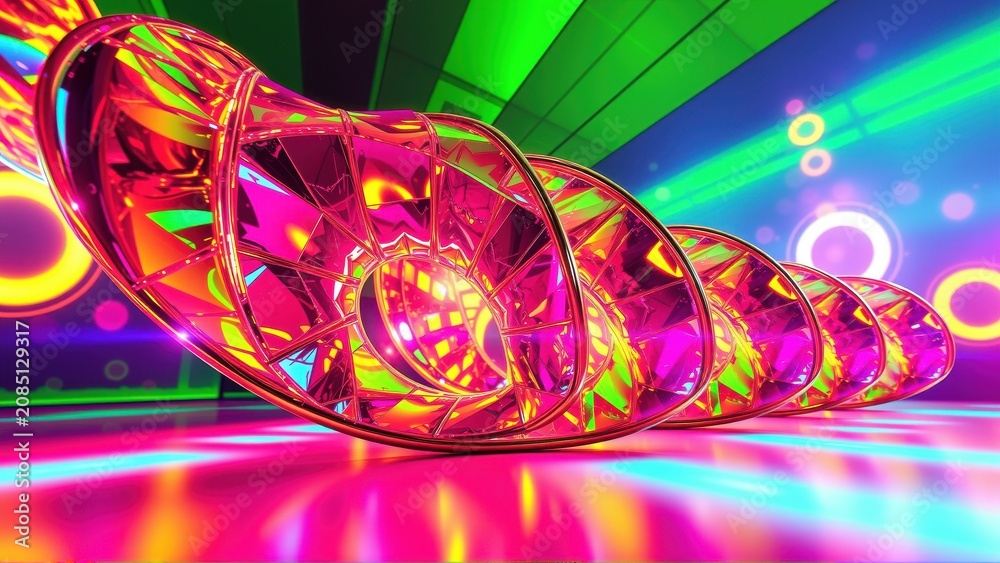 Fototapeta premium Bright abstract structure. Vivid pinks, greens dominate scene. Futuristic design, dynamic lighting creates intense visual impact.