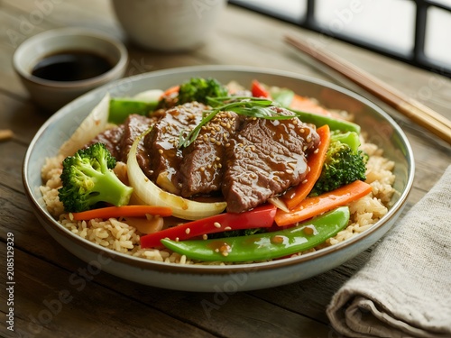 Asian style stir fry with beef strips broccoli and bell peppers, broccoli