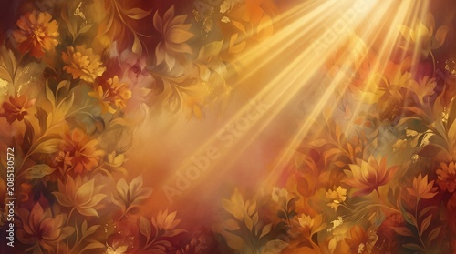 Bahura Chauthi, abstract floral textures, sacred golden light rays and earthy devotional gradients
