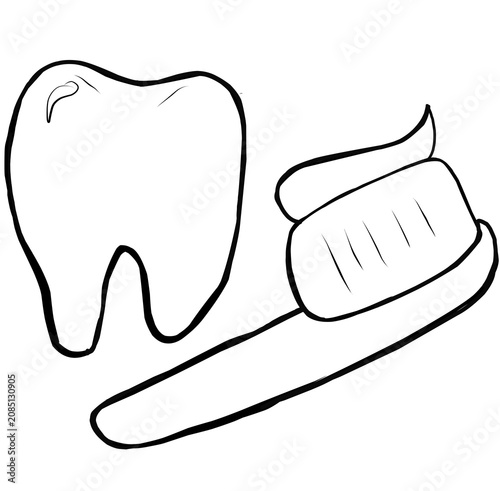 Cute Tooth and Toothbrush Outline Cartoon Illustration
