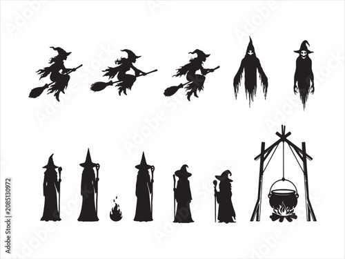 Schilderij op canvas Halloween witch silhouettes set with cauldron black vector isolated illustration