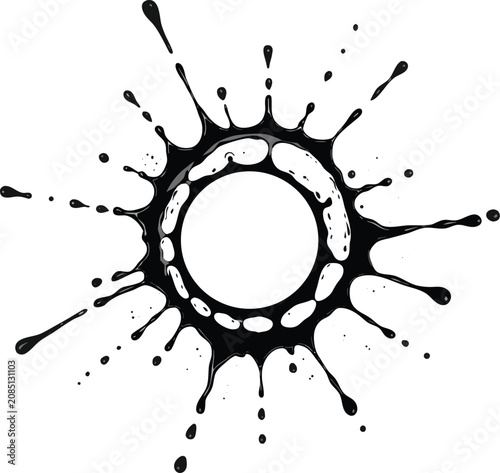 Black ink splatter, liquid splash, circular stain, abstract blot