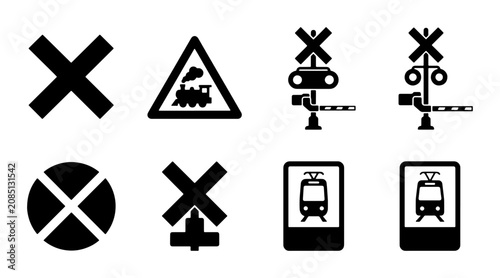 Fotografi Railway Crossing Signs Vector Icons Set, Railroad Safety Symbols, Transportation