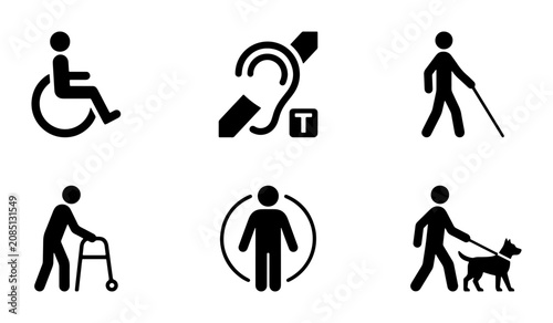 Photos Disability Icons Set: Wheelchair, Hearing Impaired, Blind, Walker, Support, Guid