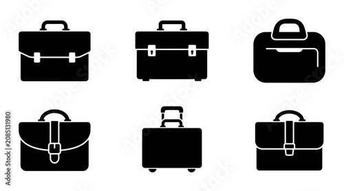Schilderij op canvas Six Black Briefcase Icons, Business Travel Luggage Set, Professional Work Bags C