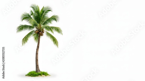 Single tropical palm tree with green fronds and coconuts isolated on transparent background