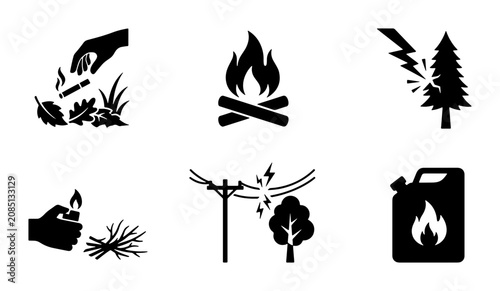 Foto Fire Safety Icons: Campfire, Lightning, Gasoline, Sparks, Ignition, Danger Symbo