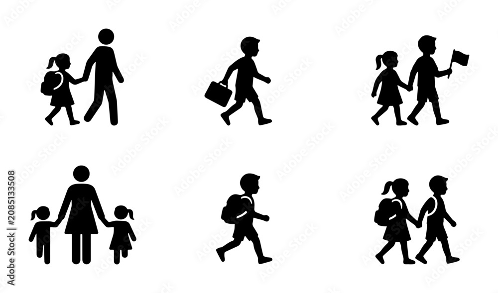 Obraz premium Children Walking to School Icons, Parent and Child Icons, Student Journey Vector Set