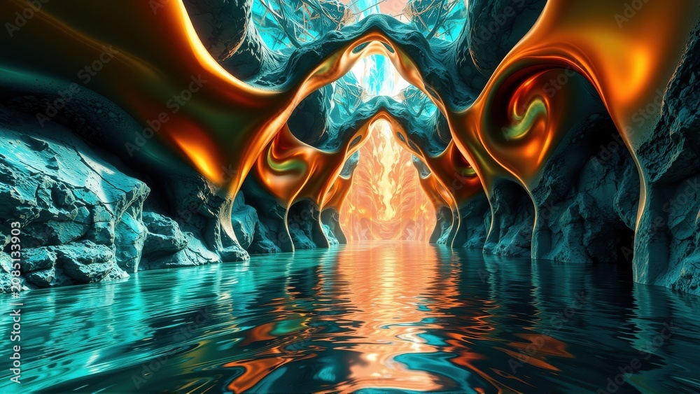 Fototapeta premium Dramatic cave interior. Water reflects fiery orange, teal hues. Light emanates from distant opening, creating surreal scene.