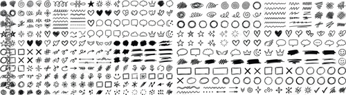 Sketchy arrow set with pen, crayon and chalk effects. Hand drawn style with brush and pencil strokes. Flat vector illustration isolated on white. Distressed rough texture for creative design.