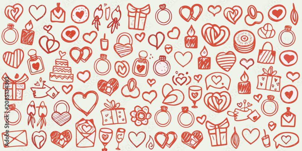 Naklejka premium Romantic Doodles Pattern Featuring Hearts Gifts And Jewelry