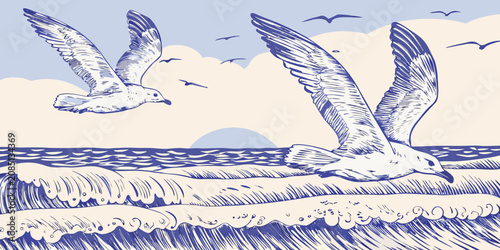 Foto Seagulls Over Ocean Waves Blue Engraved Style Illustration