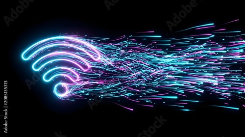 Abstract glowing wi fi signal symbol emitting digital data particles with internet, connection