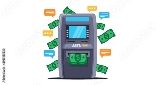 Tableau sur toile Automated teller machine dispensing cash with communication icons
