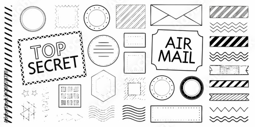Collection Of Postal Seals And Decorative Frames Line Art Style