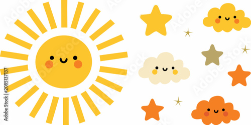 Konstfotografi Stylized Sun Stars And Clouds Vector Illustration On White Background