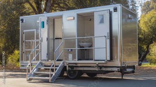 Modern portable restroom on wheels.
