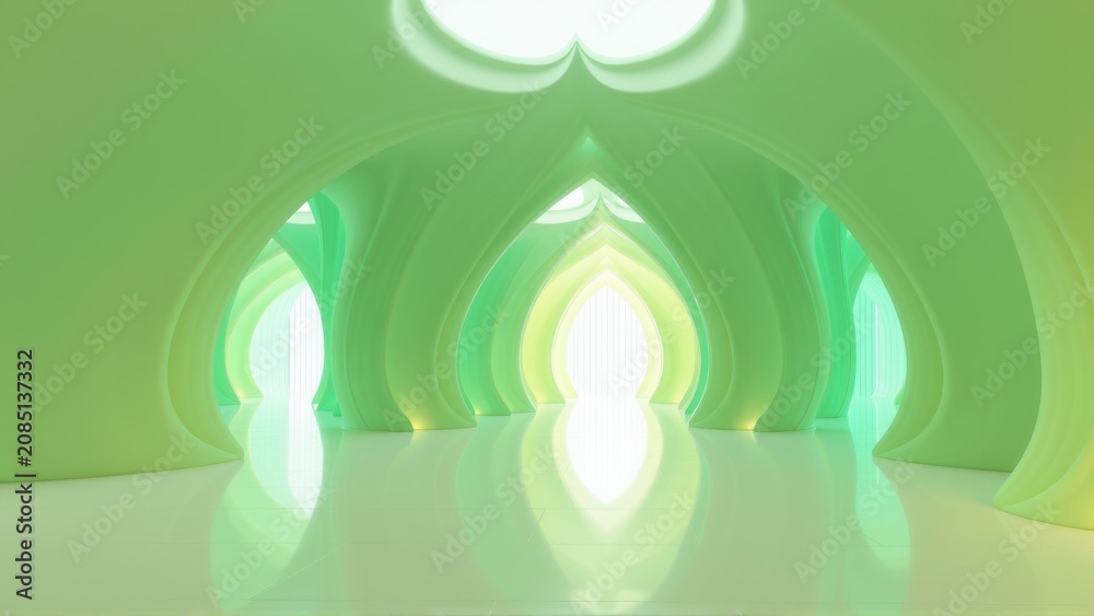 Fototapeta premium Futuristic interior, smooth curves, glowing green walls. Minimalist design creates calming, ethereal space. Light reflects off polished floor.