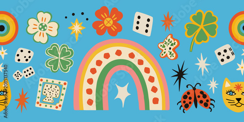 Cuadro en lienzo Colorful Good Luck Charms Pattern With Rainbows And Floral Elements