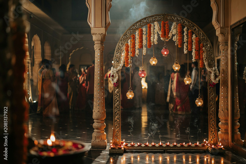 Traditional Indian wedding arch with marigold flowers and hanging lanterns, atmospheric palace courtyard ceremony with warm candle lighting and smoke