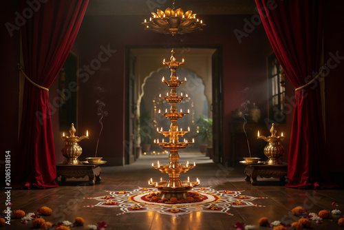 Traditional brass diya oil lamp stand for Diwali celebration, golden tiered deepak on colorful rangoli art, elegant temple interior with red curtains