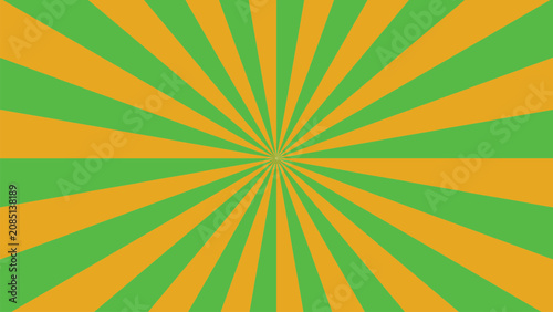 Abstract bright green and orange sunburst background with converging rays emanating from the center