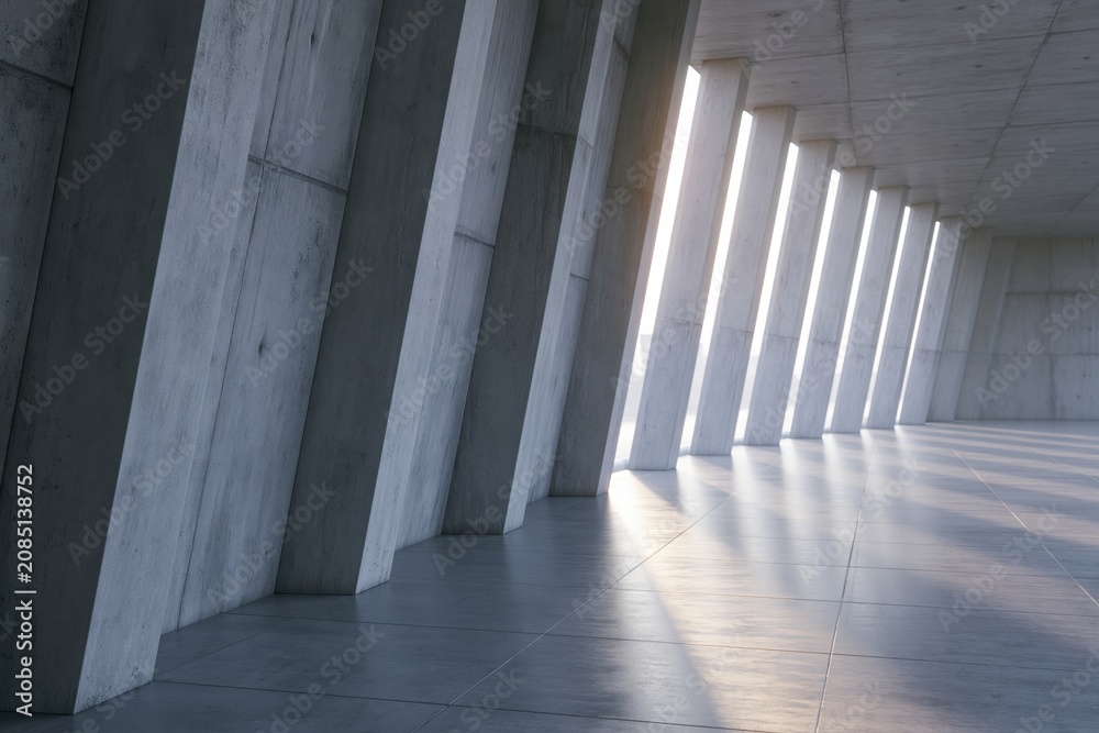 Obraz premium The Concrete Corridor Sunlit Angled Columns and Reflective Modern Architecture