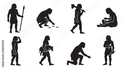 Canvas Print Caveman Figures In Various Poses Black Silhouette