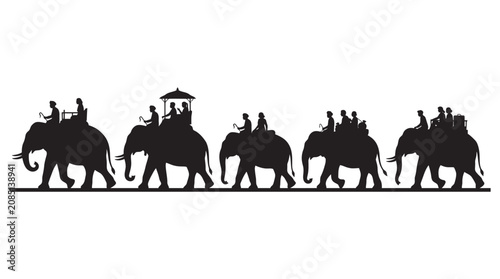 Obraz na plátně Elephant procession with riders black silhouette elephants