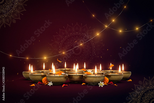 Diwali diya lamps on dark purple background, traditional oil lamp arrangement for Deepavali celebration, festive holiday background with mandala and fairy lights