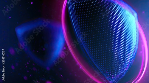 Futuristic glowing shields with digital textures in a dark, bokeh-filled void
