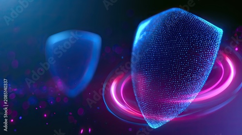Digital shields represent security and protection in a futuristic abstract space