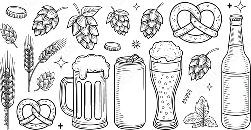Beer doodle vector collection with hand drawn bottle can mug glasses hops wheat and pretzel elements