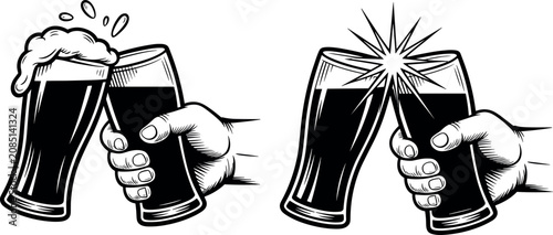 Quadro su tela Retro engraving style vector illustration of hands holding and clinking beer pin
