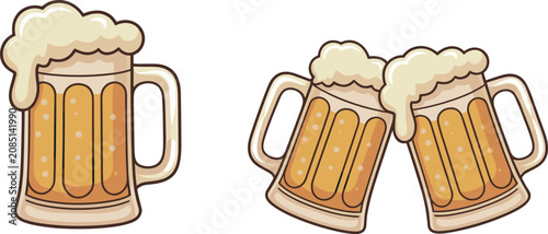 Bild auf Leinwand Cartoon style vector illustration set of a single beer mug and two clinking mugs